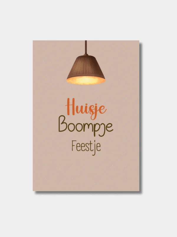 Housewarming kaart A6 illustratie met sfeervolle lamp in warme oranje/bruine tinten en tekst Huisje Boompje Feestje.