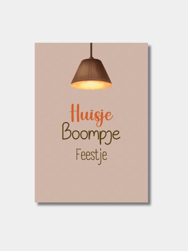Housewarming kaart A6 illustratie met sfeervolle lamp in warme oranje/bruine tinten en tekst Huisje Boompje Feestje.