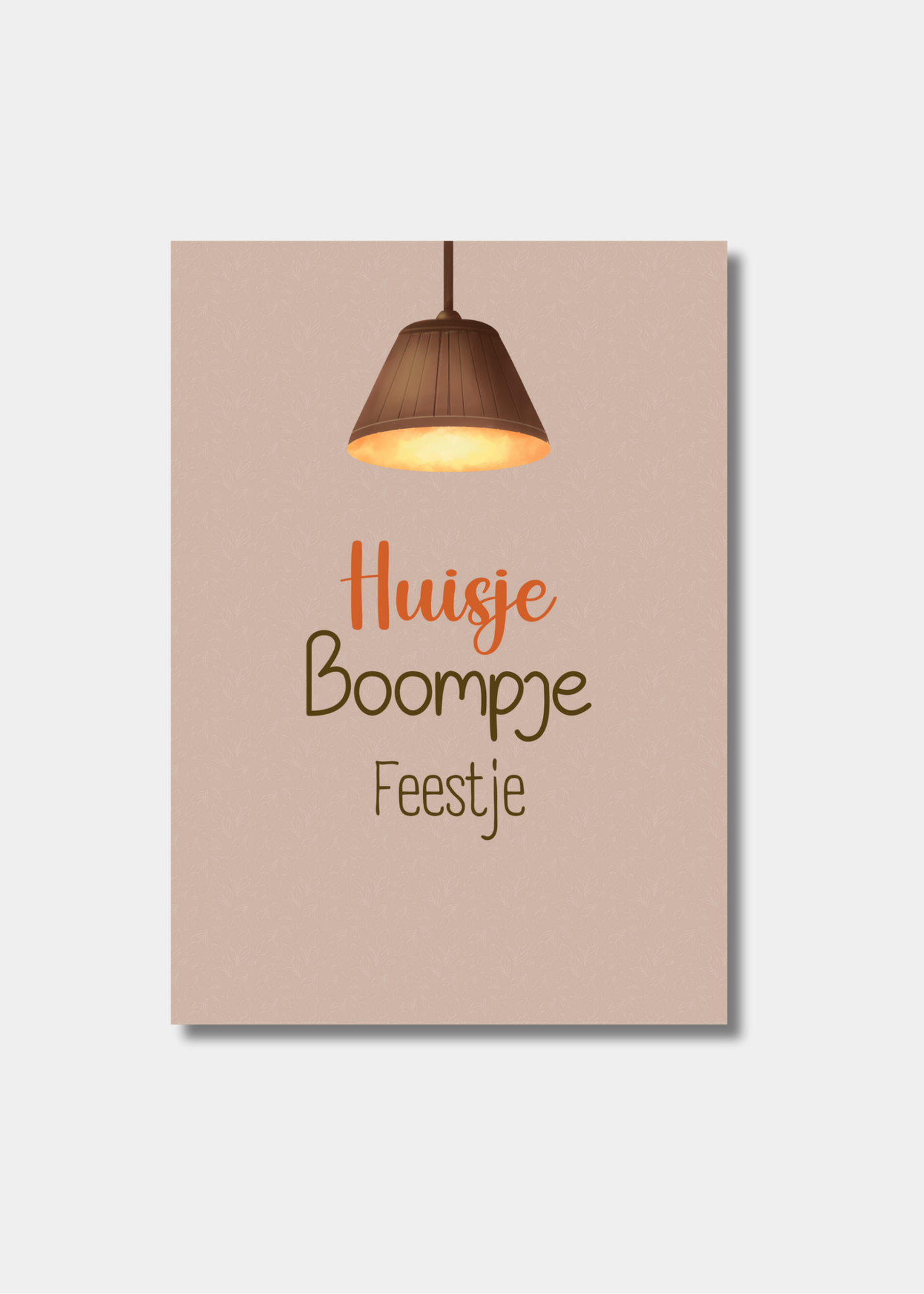 Housewarming kaart A6 illustratie met sfeervolle lamp in warme oranje/bruine tinten en tekst Huisje Boompje Feestje.