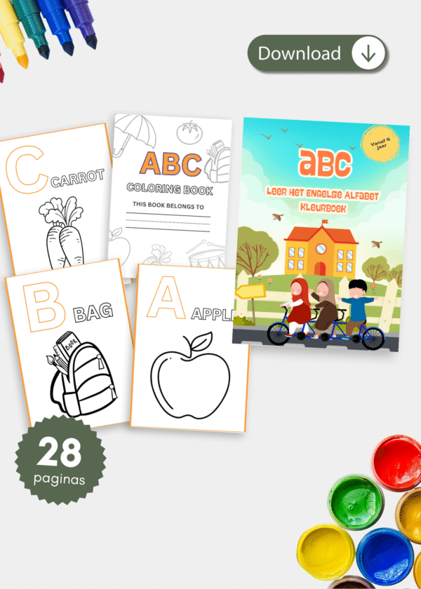Cover van het Engels alfabet kleurboek leren, perfect voor kleuters en jonge kinderen