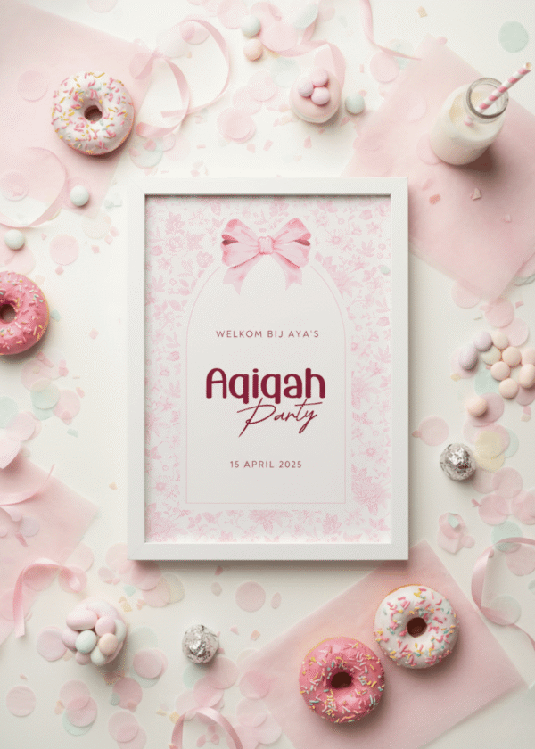 Aqiqah feestdecoratie flat lay met welkomstbord in witte lijst, donuts, snoep en roze confetti.
