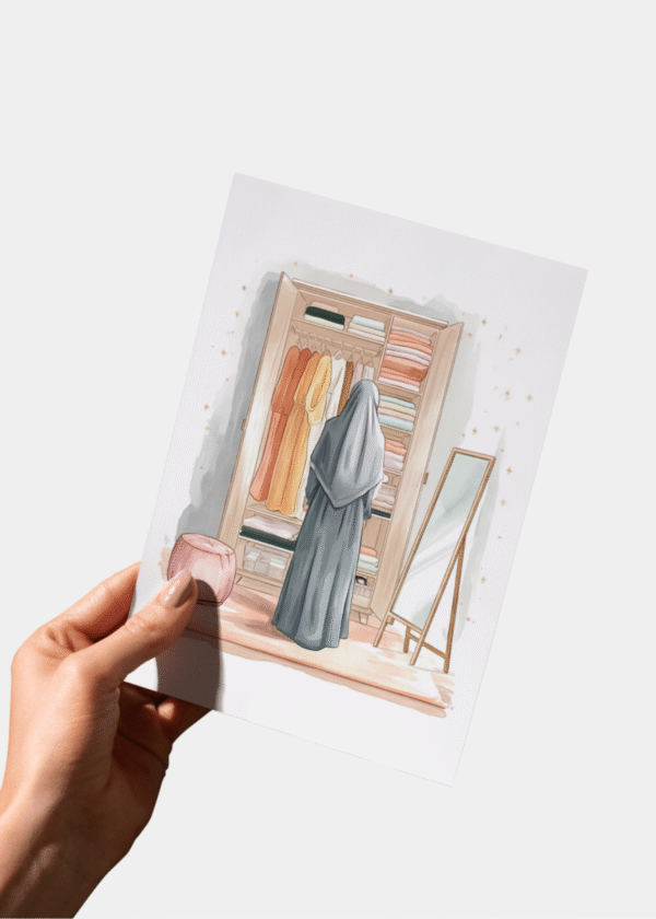 Art Print in Hand Bescheiden Mode Decoratie Muurkunst Poster waraqa.nl Hand houdt Abaya illustratie art print vast voor schaalweergave