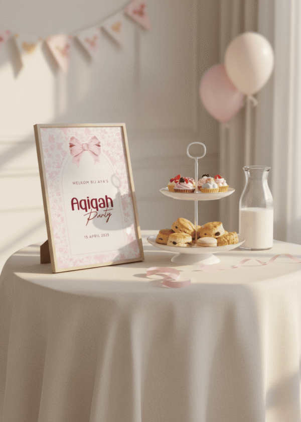 Feesttafel decoratie met welkomstbord Aqiqah op een ezel, een etagère met scones en roze ballonnen.