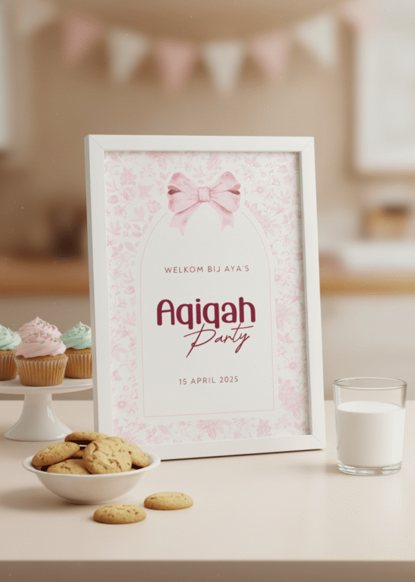 Welkomstbord Aqiqah in witte lijst op een marmeren blad, naast roze en groene macarons en cakepops.