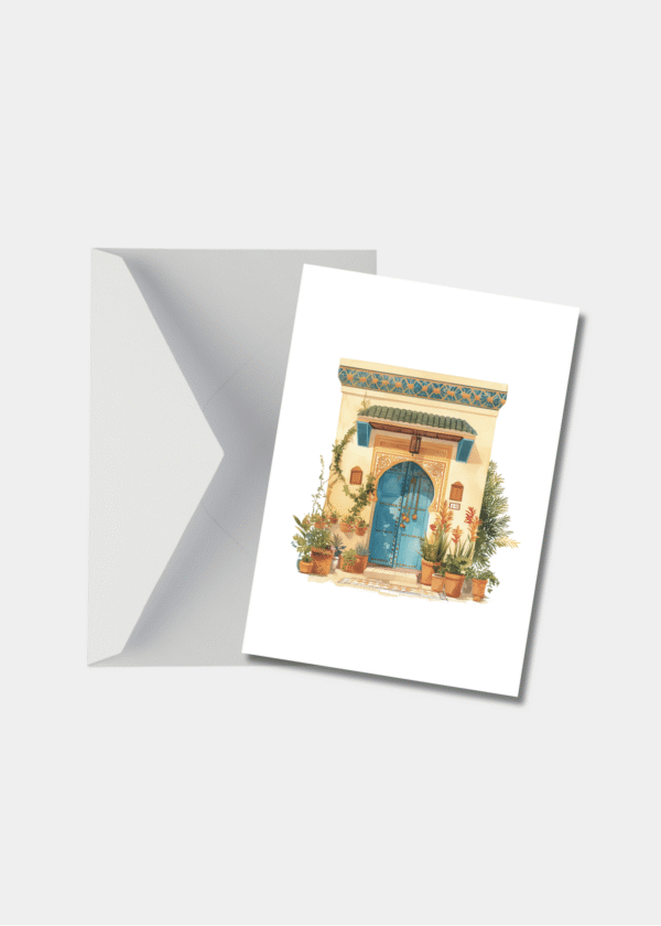 Housewarming kaart met Marokkaanse deur en witte envelop