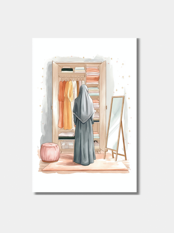 Moslim vrouw voor kledingkast abaya hijab aquarel illustratie