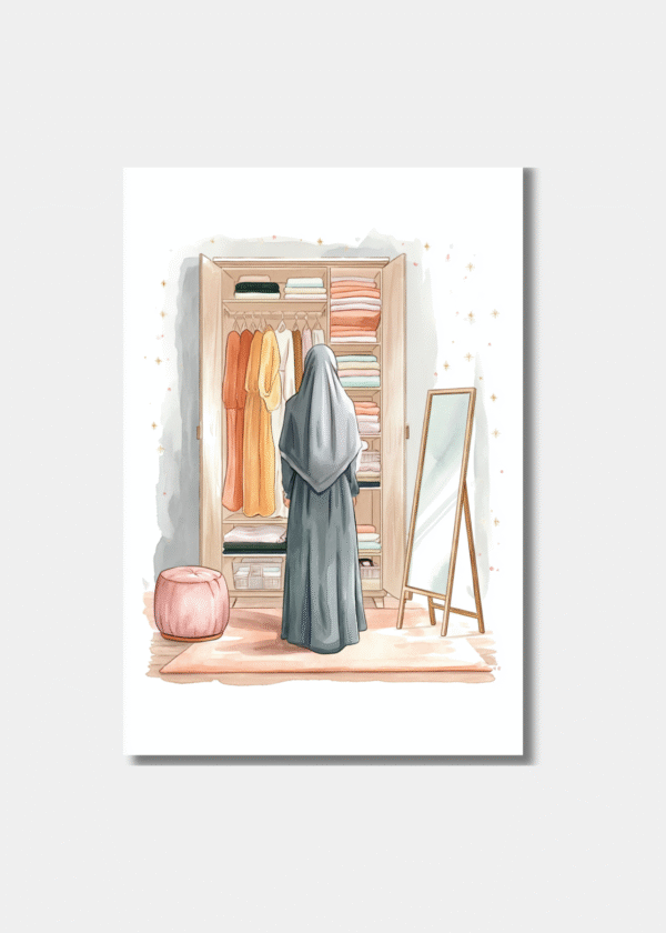 Islamitische Kleding Illustratie Abaya & Hijab Muurkunst waraqa.nl Moslim vrouw voor kledingkast abaya hijab aquarel illustratie