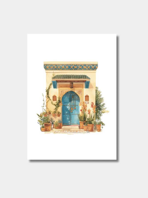 Aquarel illustratie Marokkaanse deur en bloeiende planten