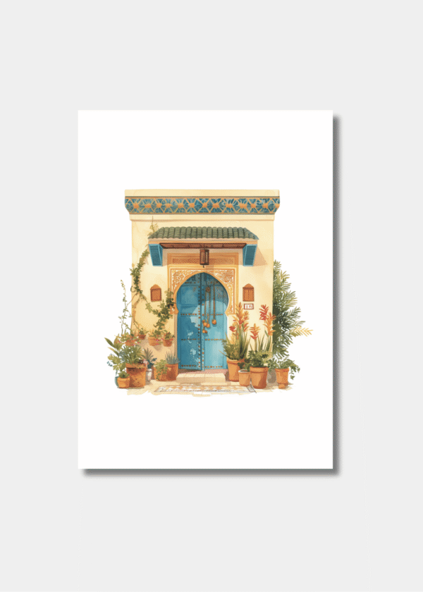 Aquarel illustratie Marokkaanse deur en bloeiende planten