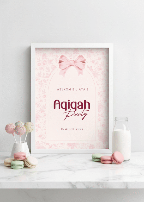 Gepersonaliseerd Welkomstbord Aqiqah | Roze Bloemen & Strik
