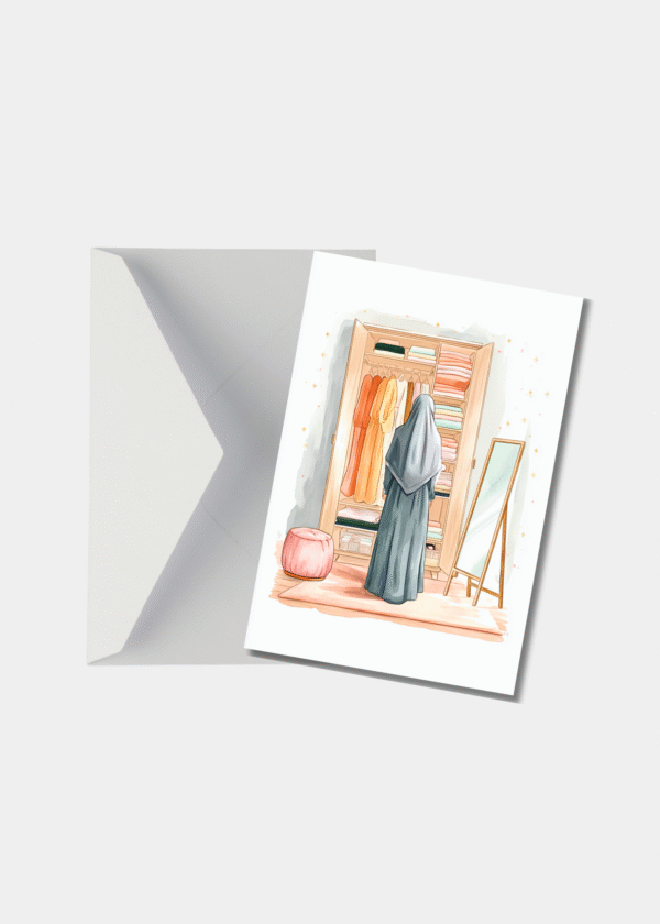 Wenskaart Bescheiden Mode - Hijab & Abaya Illustratie met Envelop - waraqa.nl Islamitische wenskaart Abaya illustratie met witte envelop