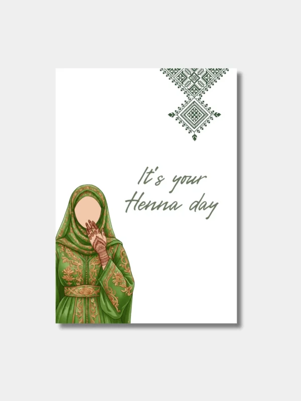 Waraqa wenskaart It's your Henna day met illustratie vrouw in groene jurk