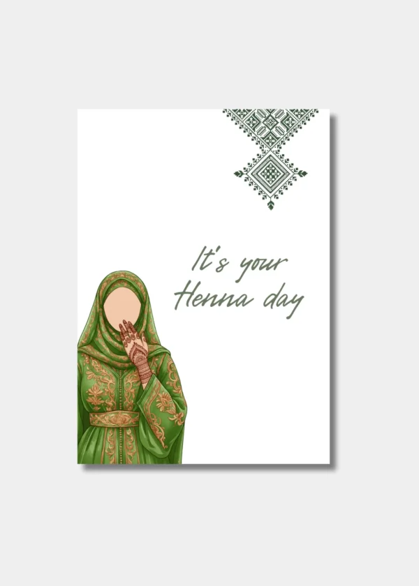Waraqa wenskaart It's your Henna day met illustratie vrouw in groene jurk