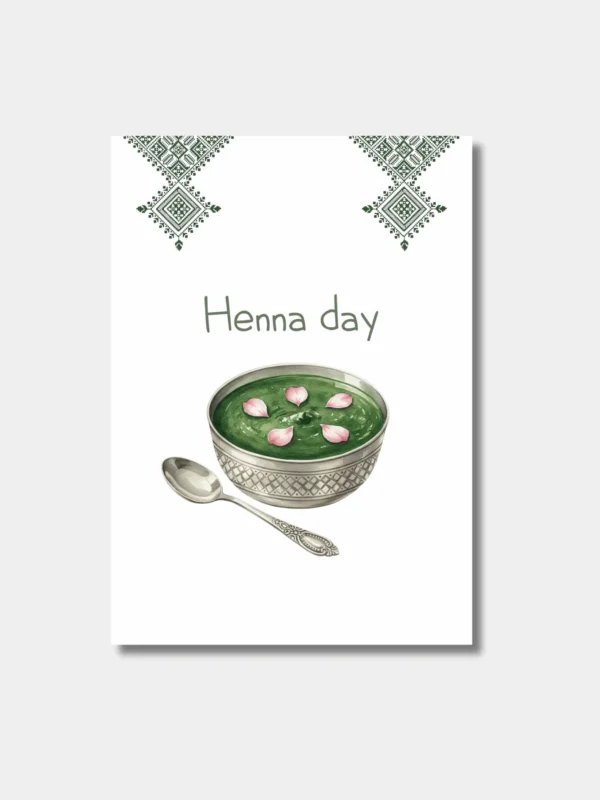Waraqa wenskaart Henna day met illustratie van schaal groene henna en lepel