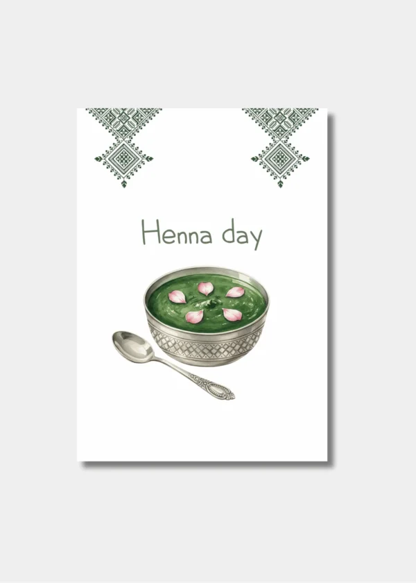 Wenskaart Henna Day Voorkant Mockup Waraqa wenskaart Henna day met illustratie van schaal groene henna en lepel