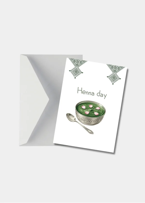 Wenskaart Henna Day Voorkant met Envelop Mockup Staande wenskaart met henna schaal illustratie en bijpassende envelop
