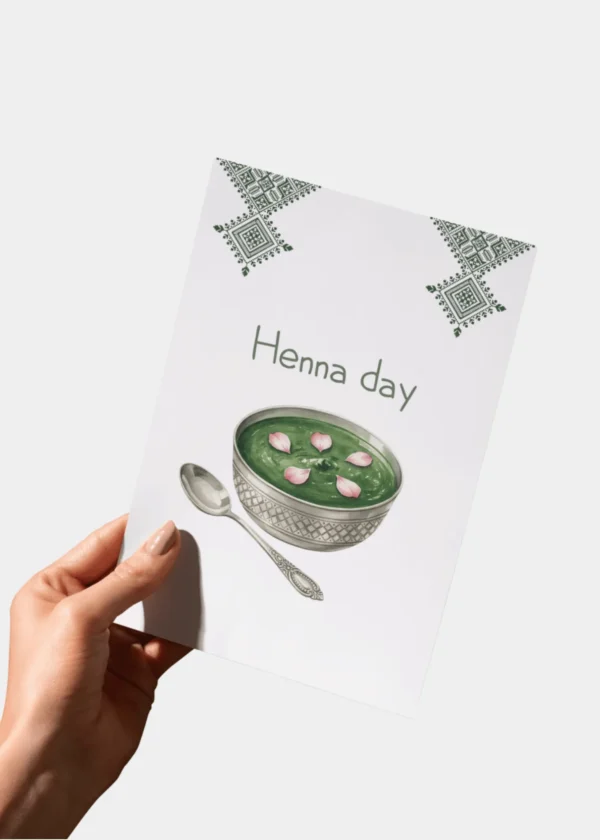 Wenskaart Henna Day Voorkant met hand Mockup Hand houdt sfeervolle henna dag kaart vast met tekst Henna Day