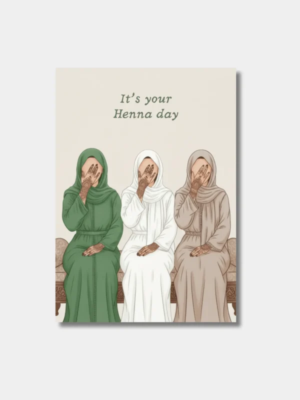 Wenskaart It's your Henna Day Voorkant Waraqa wenskaart It's your Henna day met drie vrouwen in kaftans op bank