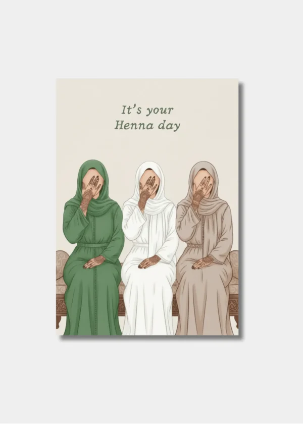 Waraqa wenskaart It's your Henna day met drie vrouwen in kaftans op bank