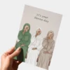Hand houdt gezellige henna dag kaart vast met illustratie van vriendinnengroep