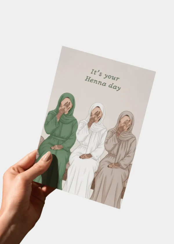 Hand houdt gezellige henna dag kaart vast met illustratie van vriendinnengroep