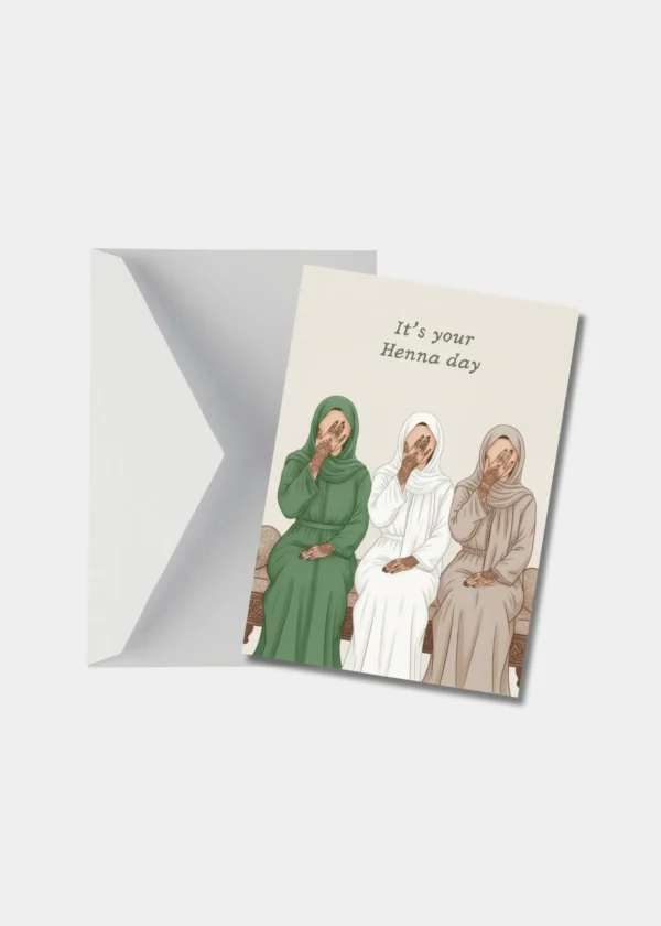 Wenskaart met drie dames in traditionele jurken en envelop
