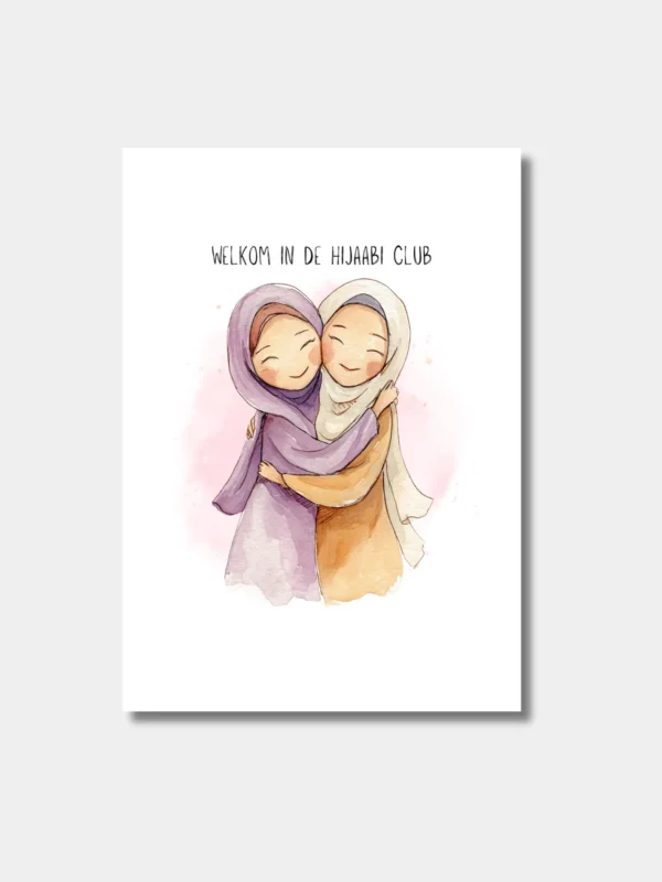 cadeau-eerste-hoofddoek-hijaabi-club-kaart Waraqa wenskaart met illustratie van omhelzing en tekst Welkom in de Hijaabi Club