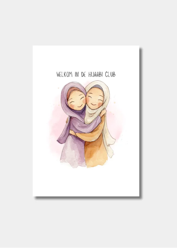 Waraqa wenskaart met illustratie van omhelzing en tekst Welkom in de Hijaabi Club