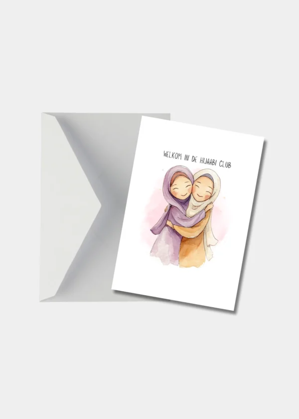 Sfeervol beeld van de Hijaabi Club kaart in een envelop als cadeau voor eerste hoofddoek